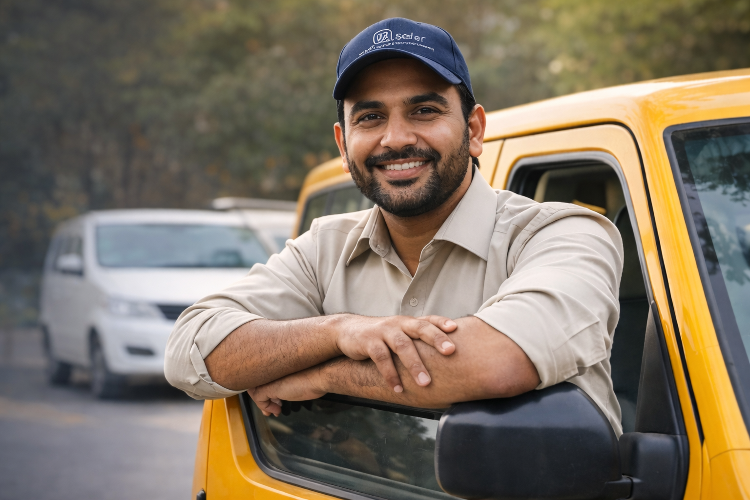 Professional driver standing by vehicle